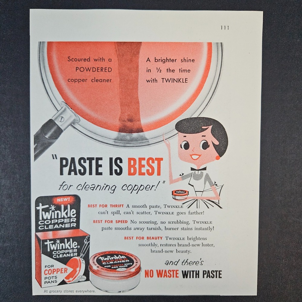 1958 Twinkle Copper Cleaner Paste Pots Pans Vintage Print Ad Kitchen Bathroom